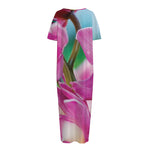 Pink Orchid Flower Print Short Sleeve Long Nightdress