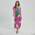 Pink Orchid Flower Print Short Sleeve Maxi Dress