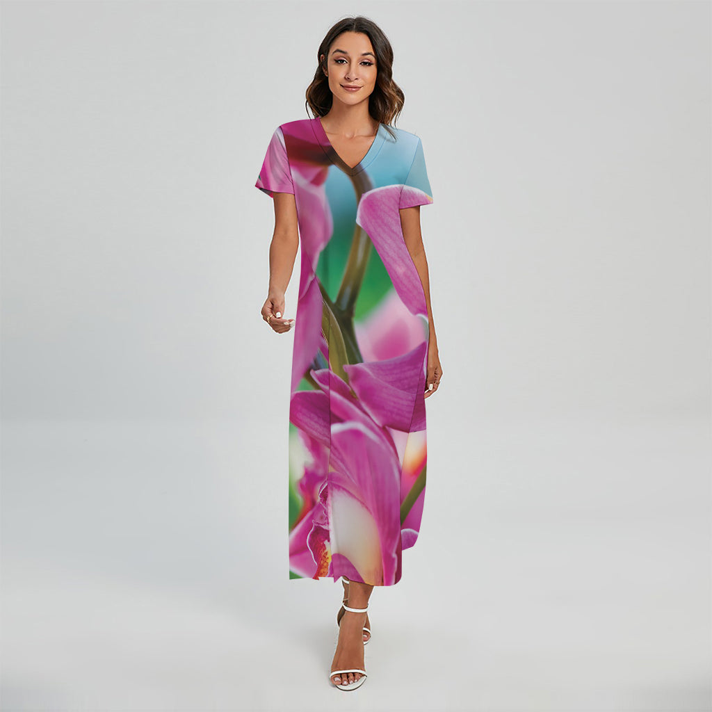 Pink Orchid Flower Print Short Sleeve Maxi Dress