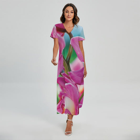 Pink Orchid Flower Print Short Sleeve Maxi Dress