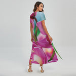 Pink Orchid Flower Print Short Sleeve Maxi Dress