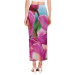 Pink Orchid Flower Print Side Slit Maxi Skirt