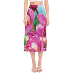 Pink Orchid Flower Print Side Slit Midi Skirt