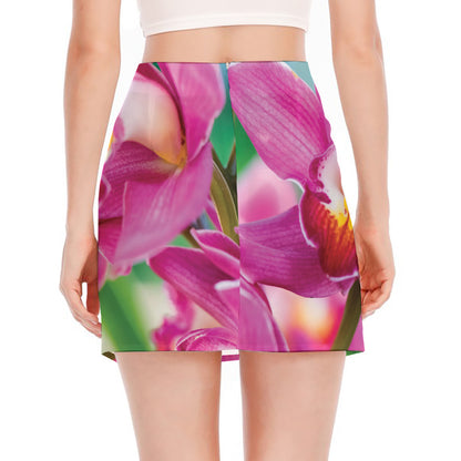 Pink Orchid Flower Print Side Slit Mini Skirt
