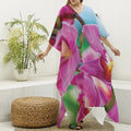 Pink Orchid Flower Print Silk V-Neck Kaftan Dress
