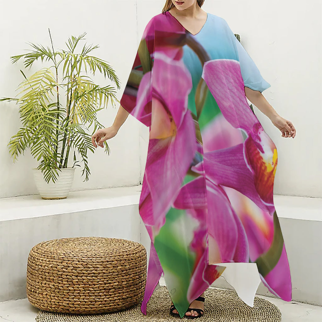 Pink Orchid Flower Print Silk V-Neck Kaftan Dress