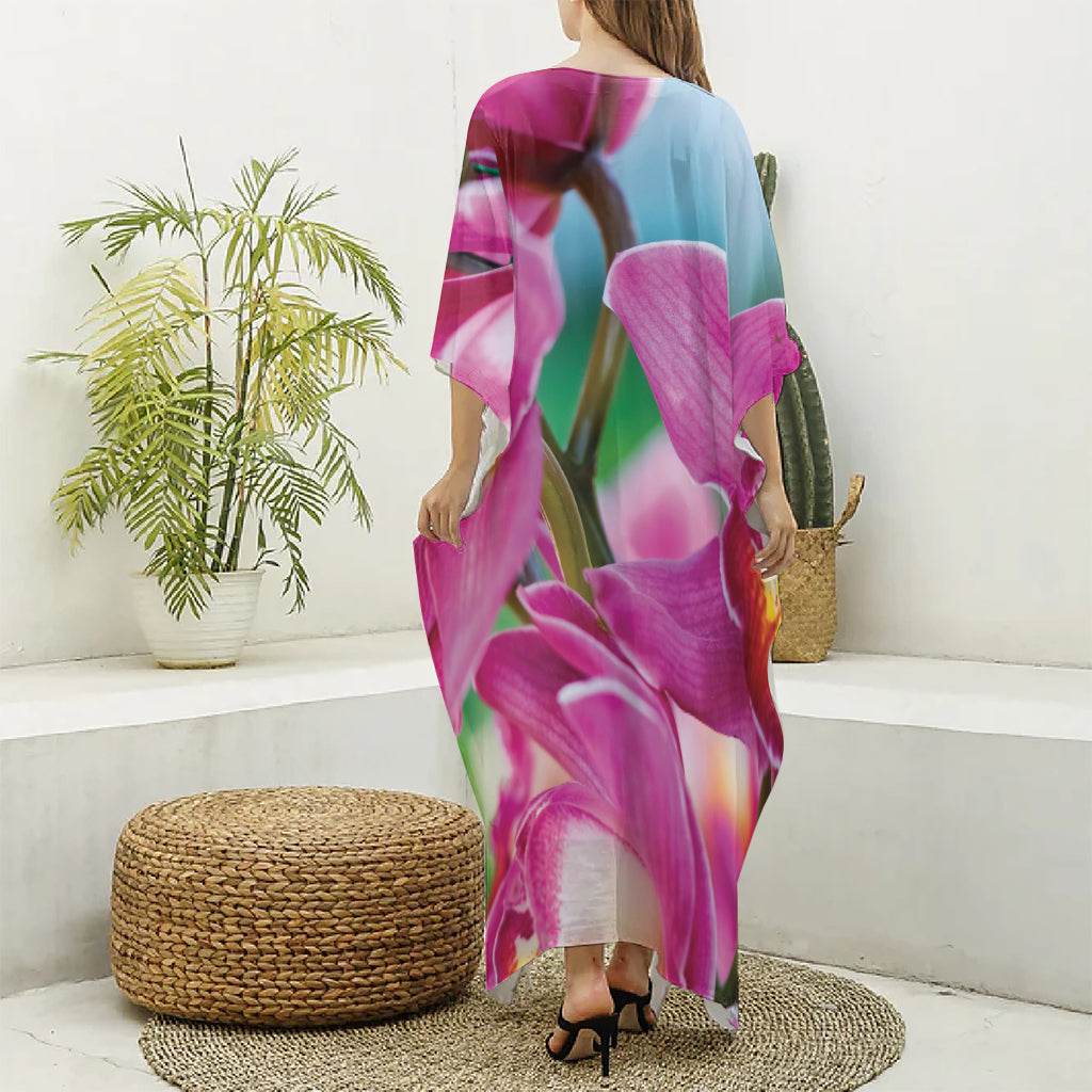 Pink Orchid Flower Print Silk V-Neck Kaftan Dress