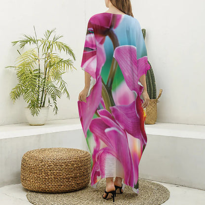 Pink Orchid Flower Print Silk V-Neck Kaftan Dress