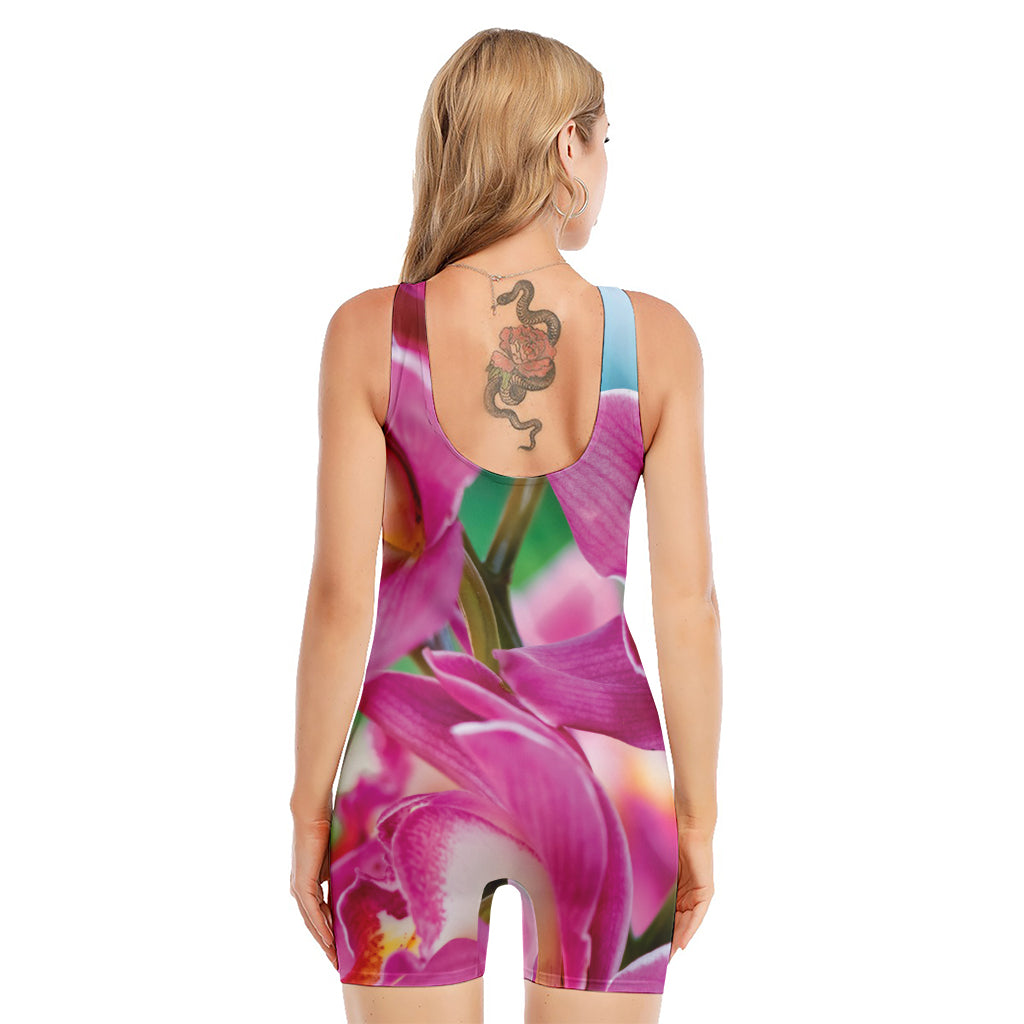 Pink Orchid Flower Print Sleeveless One Piece Swimsuit