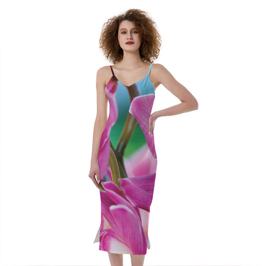 Pink Orchid Flower Print Slim Fit Midi Cami Dress