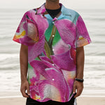 Pink Orchid Flower Print Textured Short Sleeve Shirt