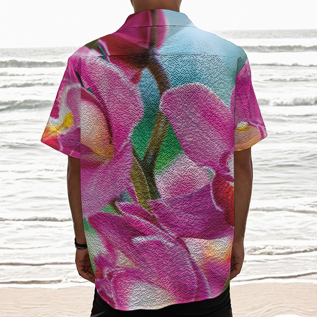 Pink Orchid Flower Print Textured Short Sleeve Shirt
