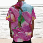 Pink Orchid Flower Print Textured Short Sleeve Shirt