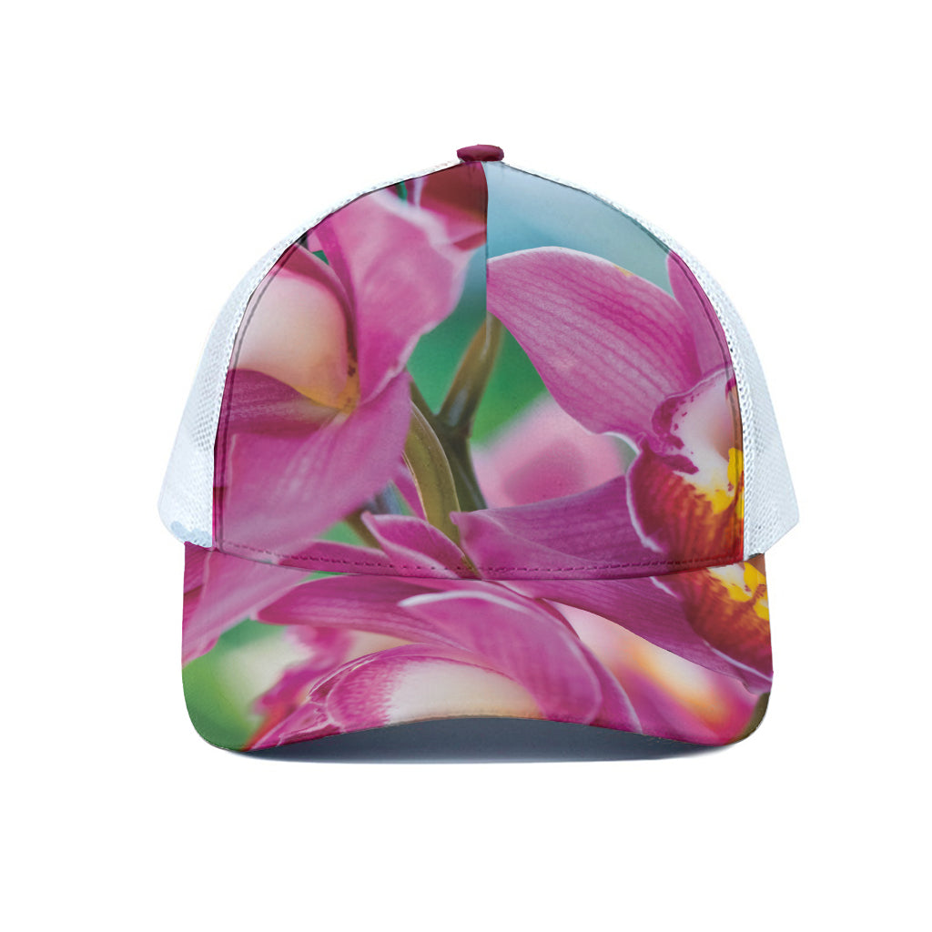 Pink Orchid Flower Print White Mesh Trucker Cap