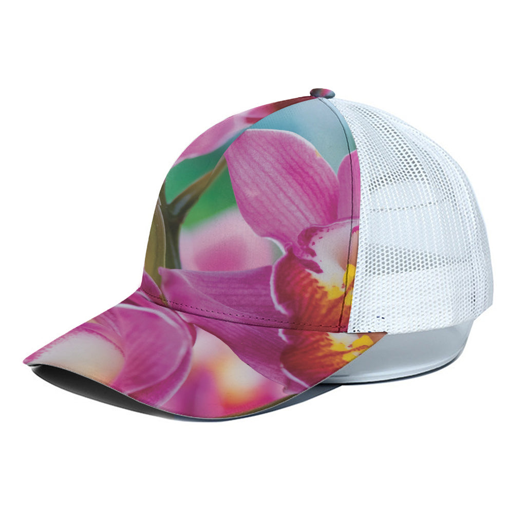 Pink Orchid Flower Print White Mesh Trucker Cap