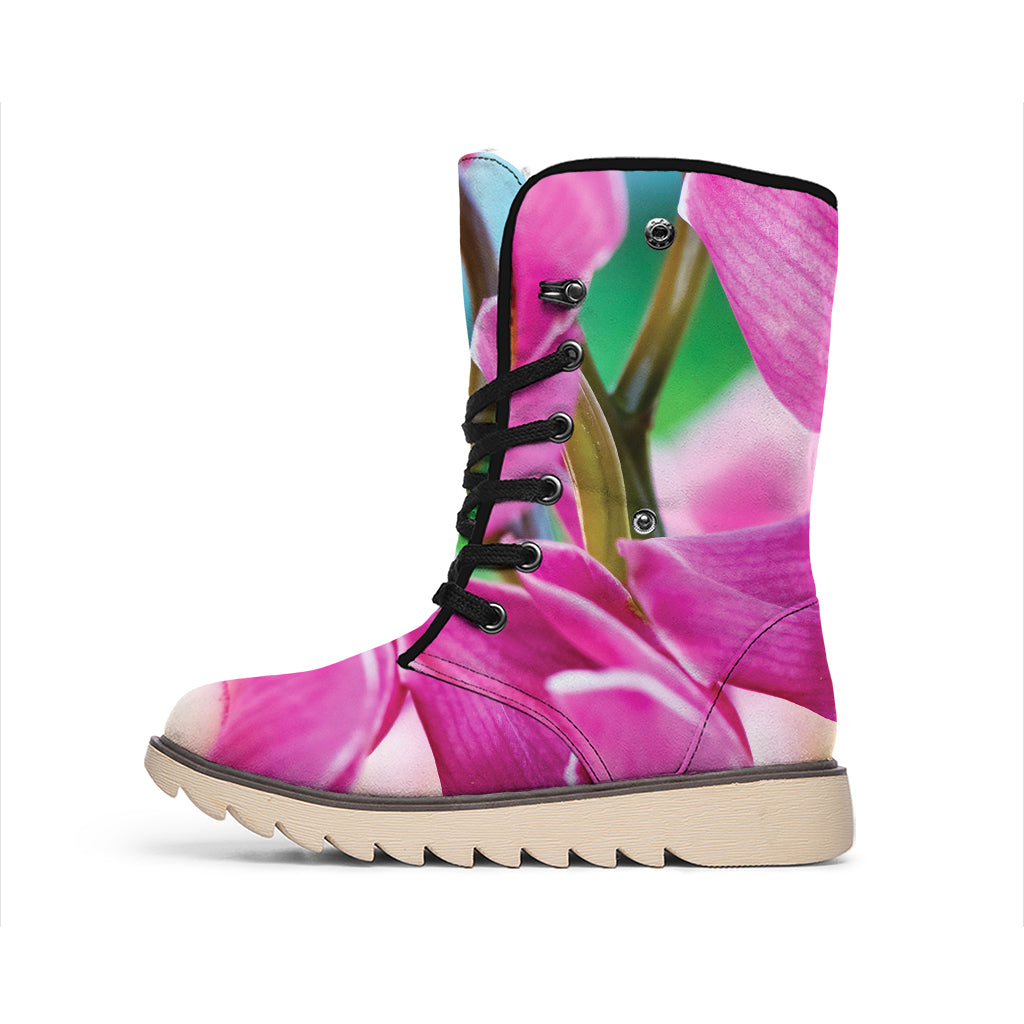 Pink Orchid Flower Print Winter Boots