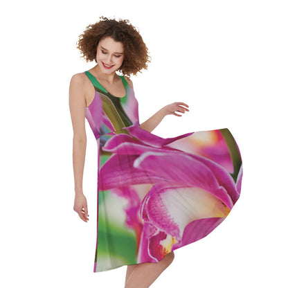 Pink Orchid Flower Print Women's Sleeveless Dress
