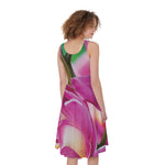 Pink Orchid Flower Print Women's Sleeveless Dress