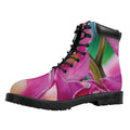 Pink Orchid Flower Print Padded Collar Lace Up Boots