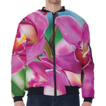 Pink Orchid Flower Print Zip Sleeve Bomber Jacket