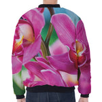 Pink Orchid Flower Print Zip Sleeve Bomber Jacket