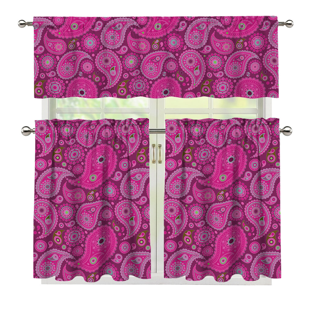 Pink Paisley Pattern Print 3 Piece Kitchen Curtains