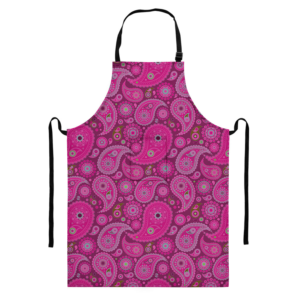 Pink Paisley Pattern Print Bib Apron With Pocket