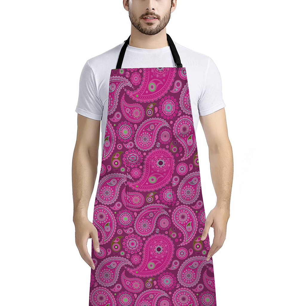 Pink Paisley Pattern Print Bib Apron With Pocket