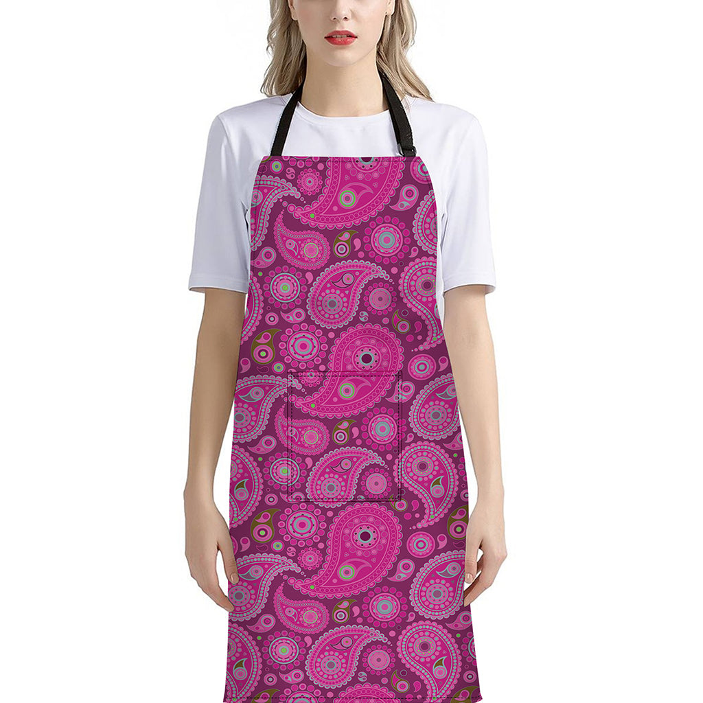 Pink Paisley Pattern Print Bib Apron With Pocket