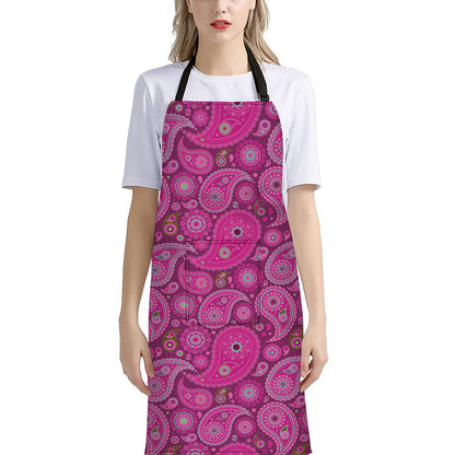 Pink Paisley Pattern Print Bib Apron With Pocket