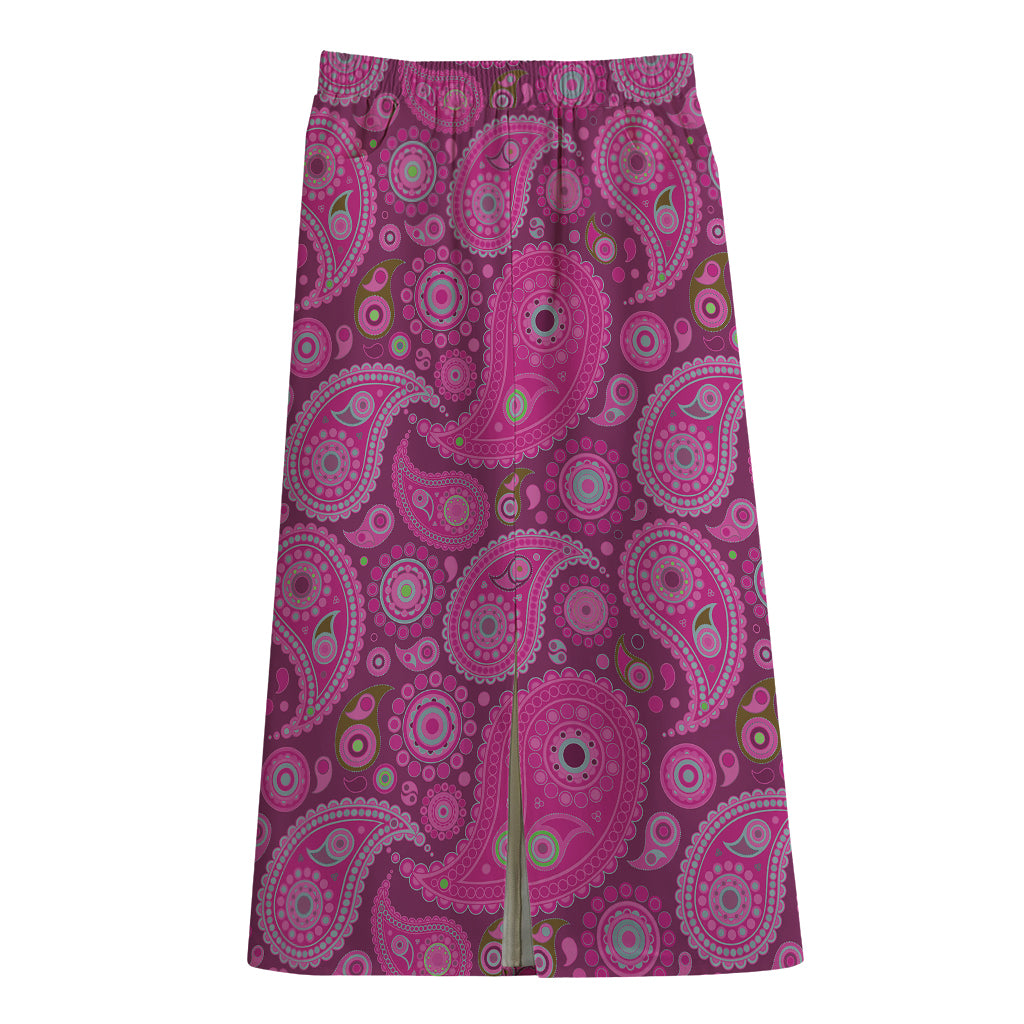 Pink Paisley Pattern Print Cotton Front Slit Maxi Skirt