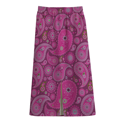 Pink Paisley Pattern Print Cotton Front Slit Maxi Skirt