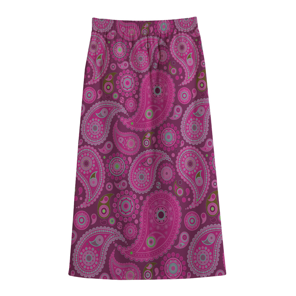 Pink Paisley Pattern Print Cotton Front Slit Maxi Skirt