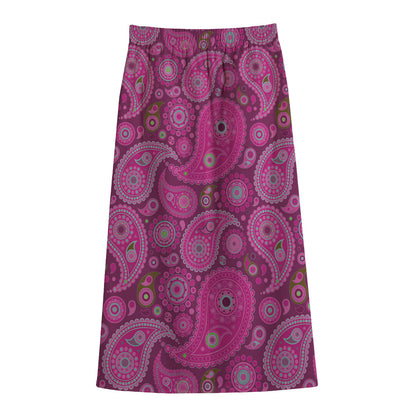 Pink Paisley Pattern Print Cotton Front Slit Maxi Skirt
