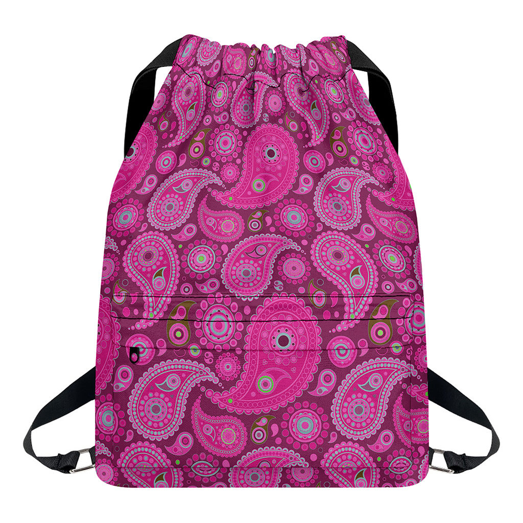 Pink Paisley Pattern Print Drawstring Backpack