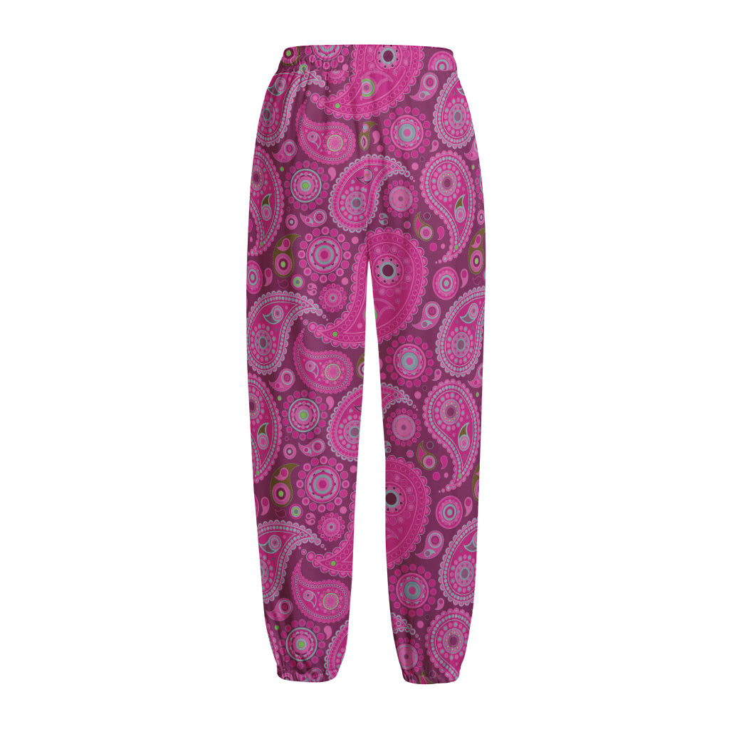Pink Paisley Pattern Print Fleece Lined Knit Pants