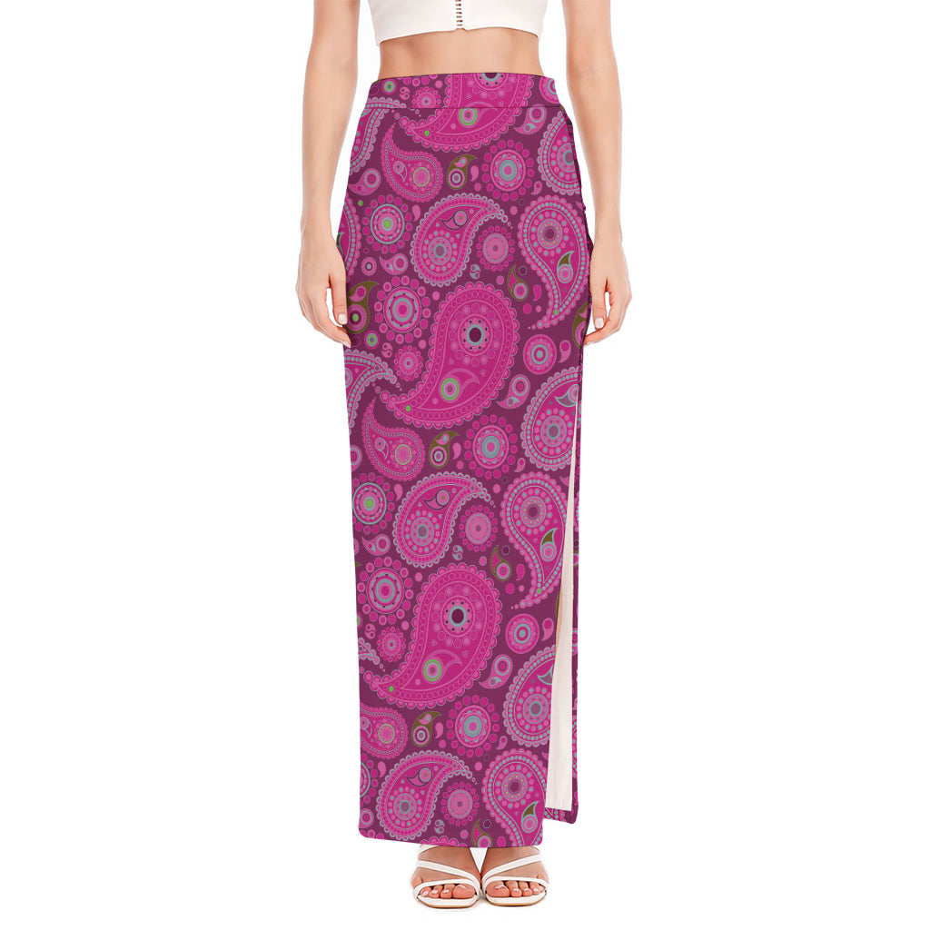 Pink Paisley Pattern Print High Slit Maxi Skirt