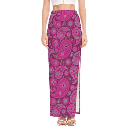 Pink Paisley Pattern Print High Slit Maxi Skirt