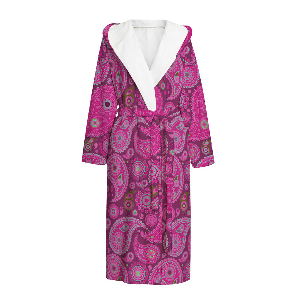 Pink Paisley Pattern Print Hooded Bathrobe