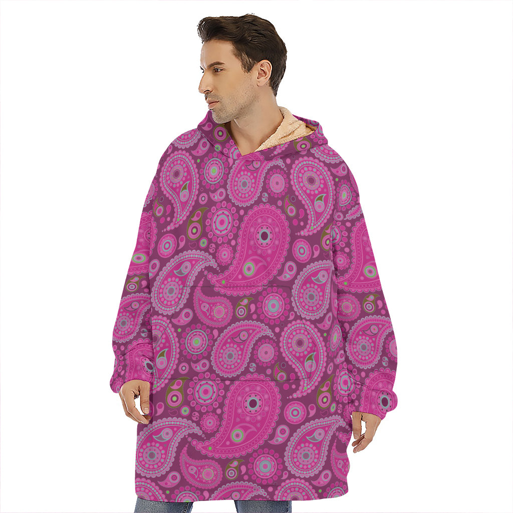 Pink Paisley Pattern Print Hoodie Blanket