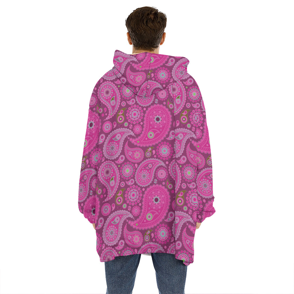 Pink Paisley Pattern Print Hoodie Blanket