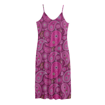 Pink Paisley Pattern Print Jersey Midi Cami Dress