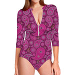 Pink Paisley Pattern Print Long Sleeve Swimsuit