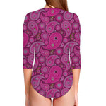 Pink Paisley Pattern Print Long Sleeve Swimsuit