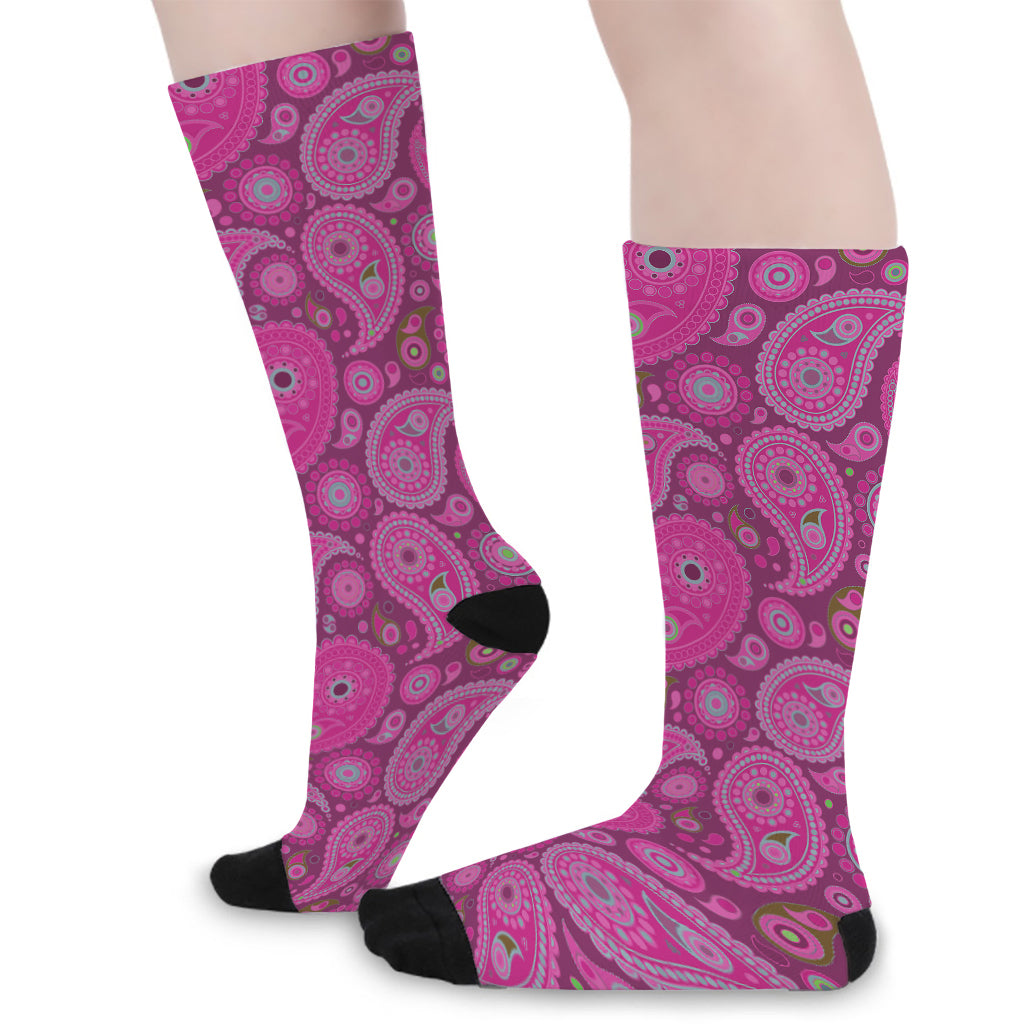 Pink Paisley Pattern Print Long Socks