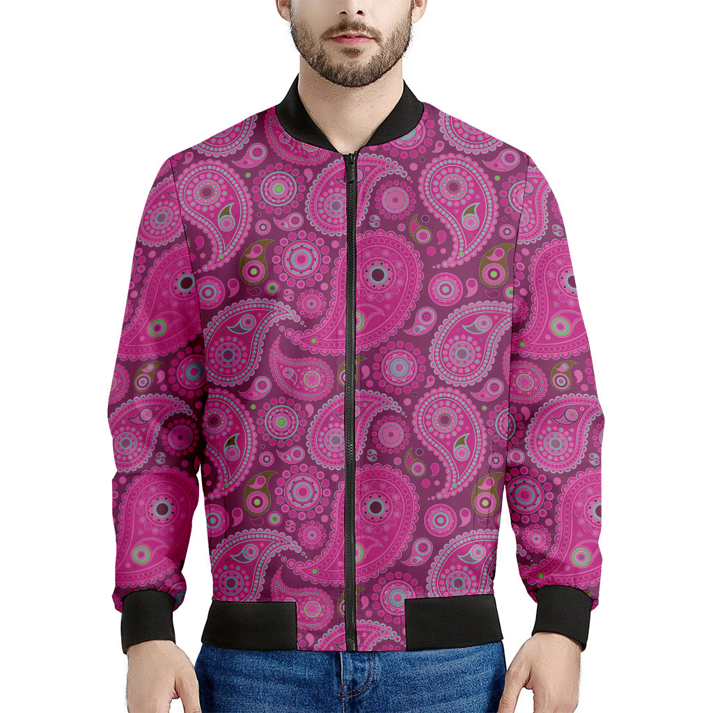 Pink Paisley Pattern Print Men's Bomber Jacket