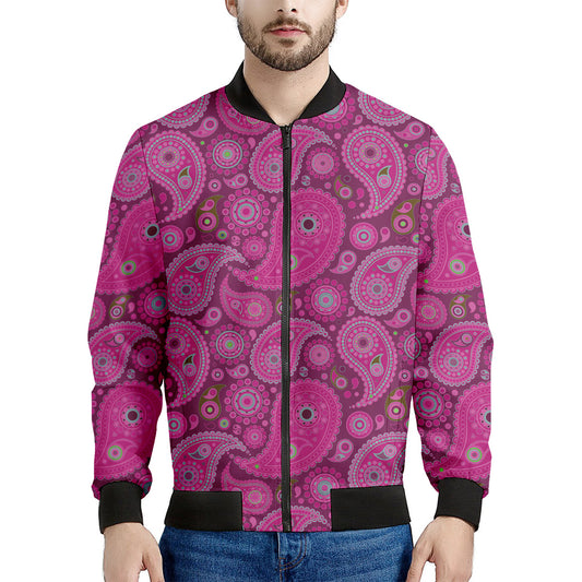 Pink Paisley Pattern Print Men's Bomber Jacket