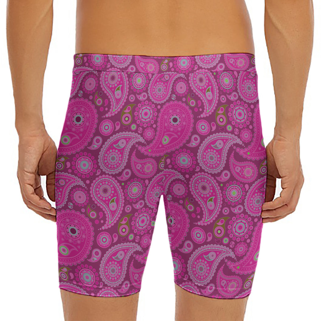Pink Paisley Pattern Print Men's Long Boxer Briefs
