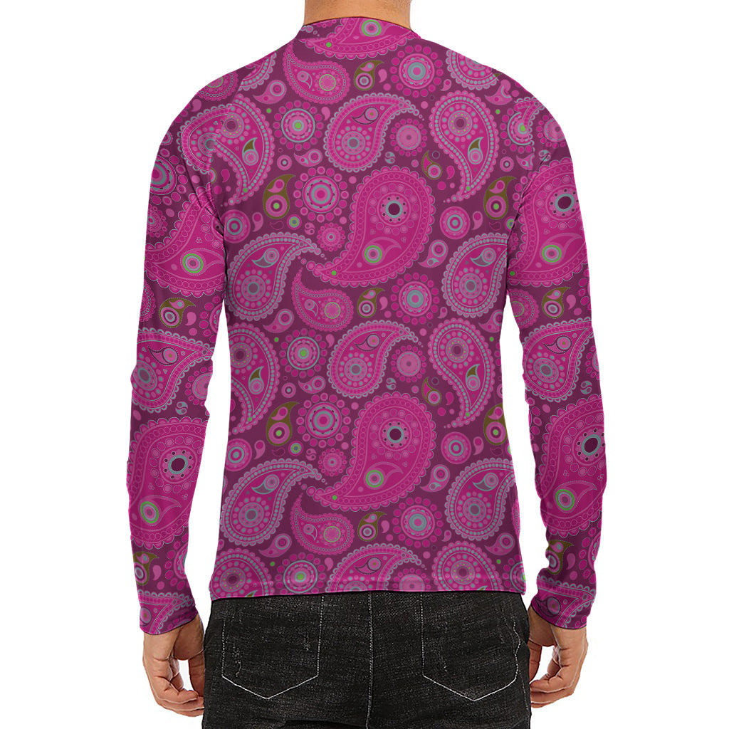 Pink Paisley Pattern Print Men's Long Sleeve Rash Guard