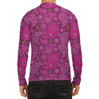 Pink Paisley Pattern Print Men's Long Sleeve Rash Guard